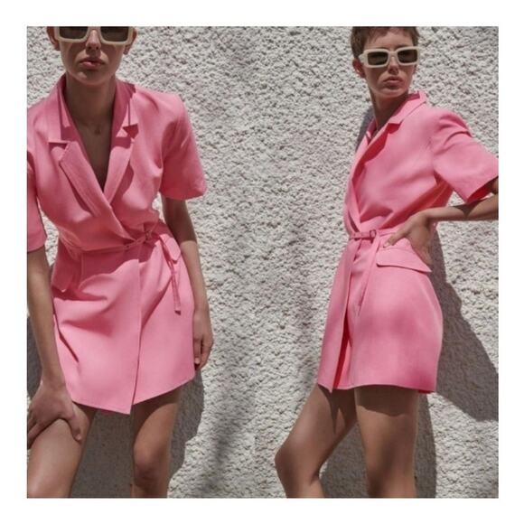 Zara | NWT Blogger Fave Linen Blend Blazer Mini Dress Bubblegum Pink Size Small - Picture 1 of 10
